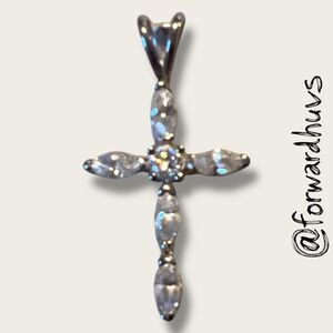 Sterling Silver CZ Cross Pendant – Marquise & Round Cut – Marked 925